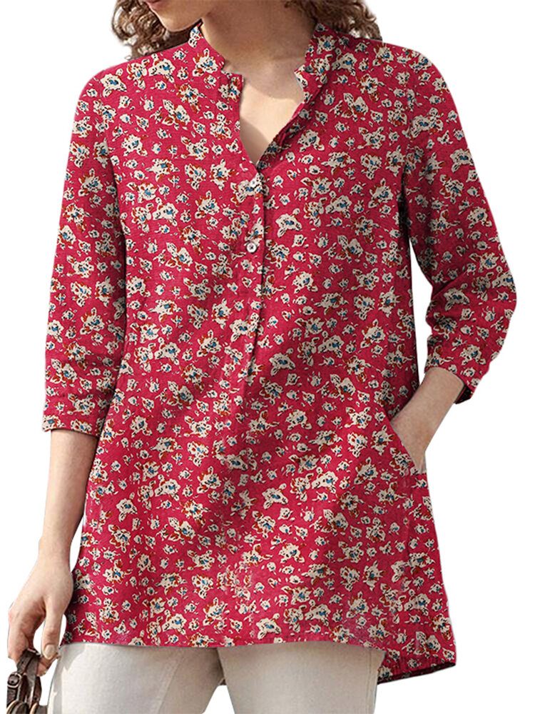 Kvinner 100% Bomull Blomsterfritid Bohemian Retro Style V-hals Sidelommer Bluse