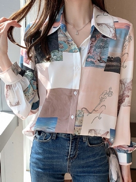 Kvinner Block Landscape Print Langermet Lapel Casual Bluse