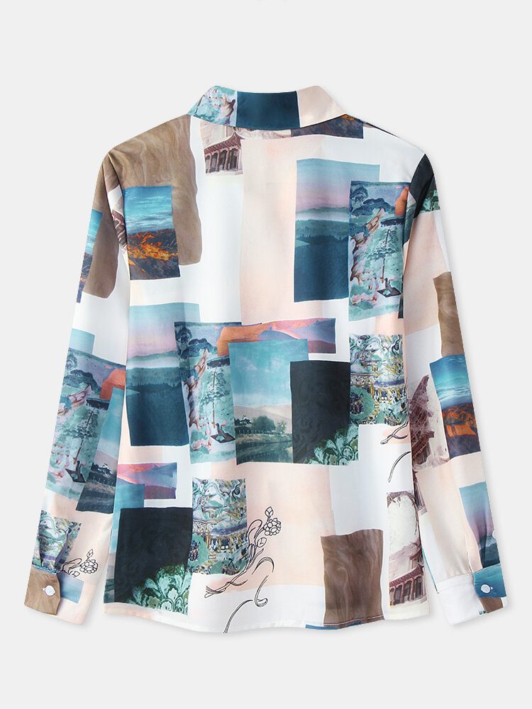 Kvinner Block Landscape Print Langermet Lapel Casual Bluse