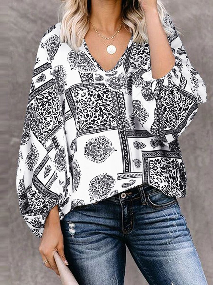 Kvinner Bohemian Retro Puff Sleeve Printing Quarter Sleeve Casual Bluser