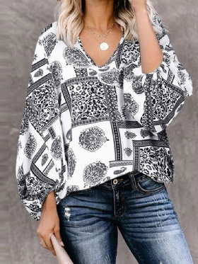 Kvinner Bohemian Retro Puff Sleeve Printing Quarter Sleeve Casual Bluser