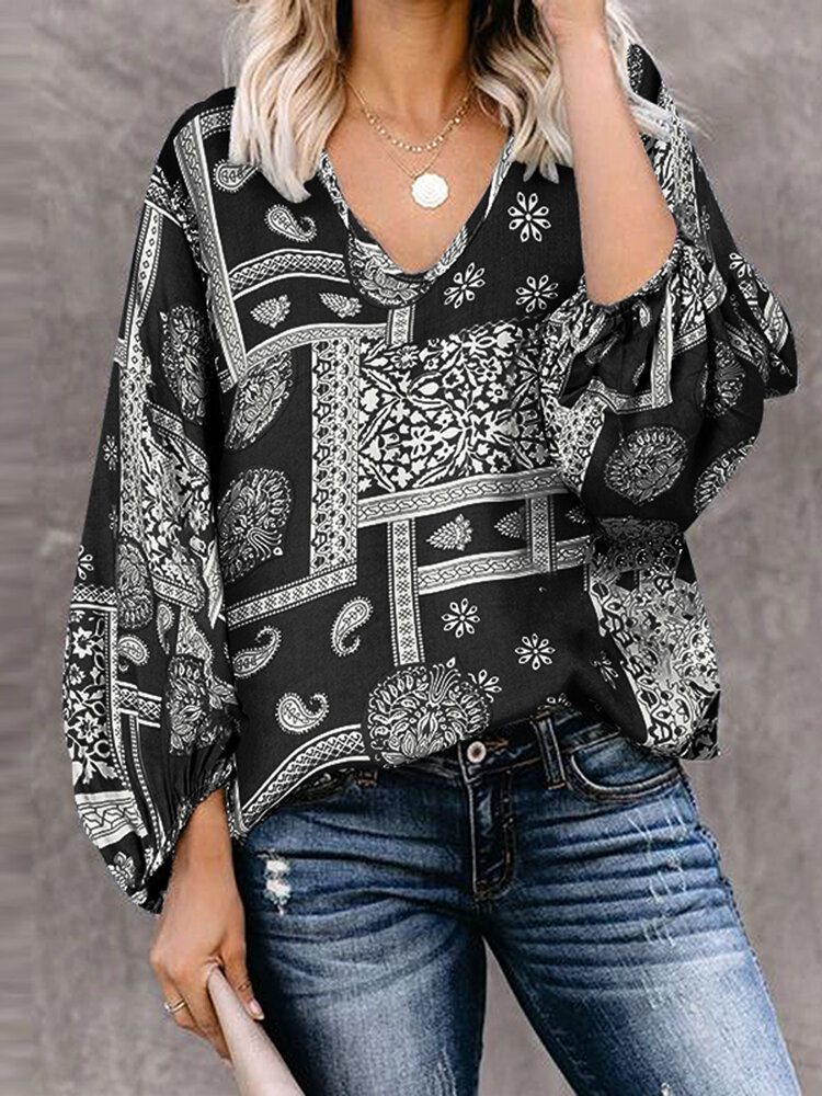 Kvinner Bohemian Retro Puff Sleeve Printing Quarter Sleeve Casual Bluser