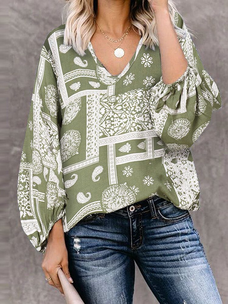 Kvinner Bohemian Retro Puff Sleeve Printing Quarter Sleeve Casual Bluser