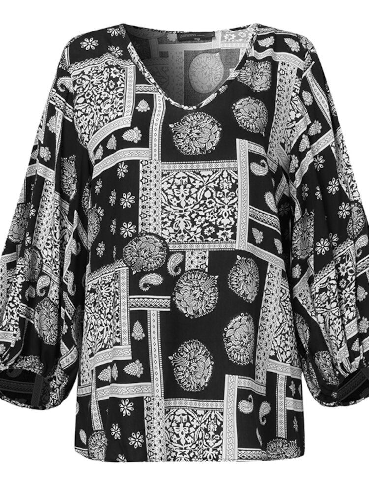 Kvinner Bohemian Retro Puff Sleeve Printing Quarter Sleeve Casual Bluser