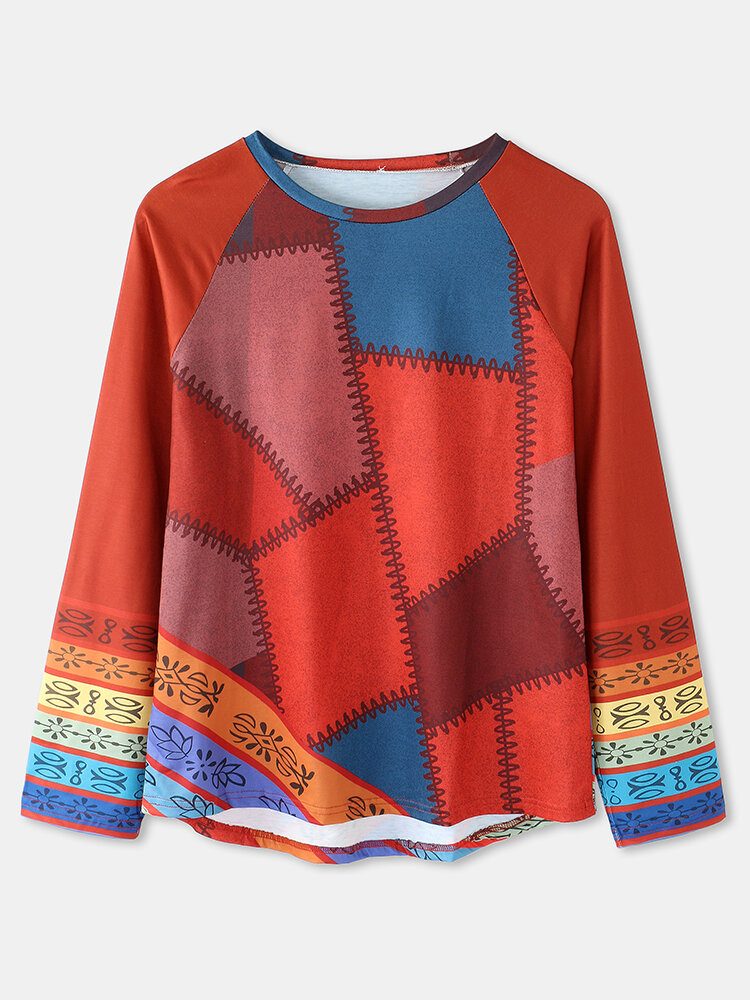 Kvinner Color Block Patchwork Etnisk Stil O-hals Uformelt Langermet Bluse