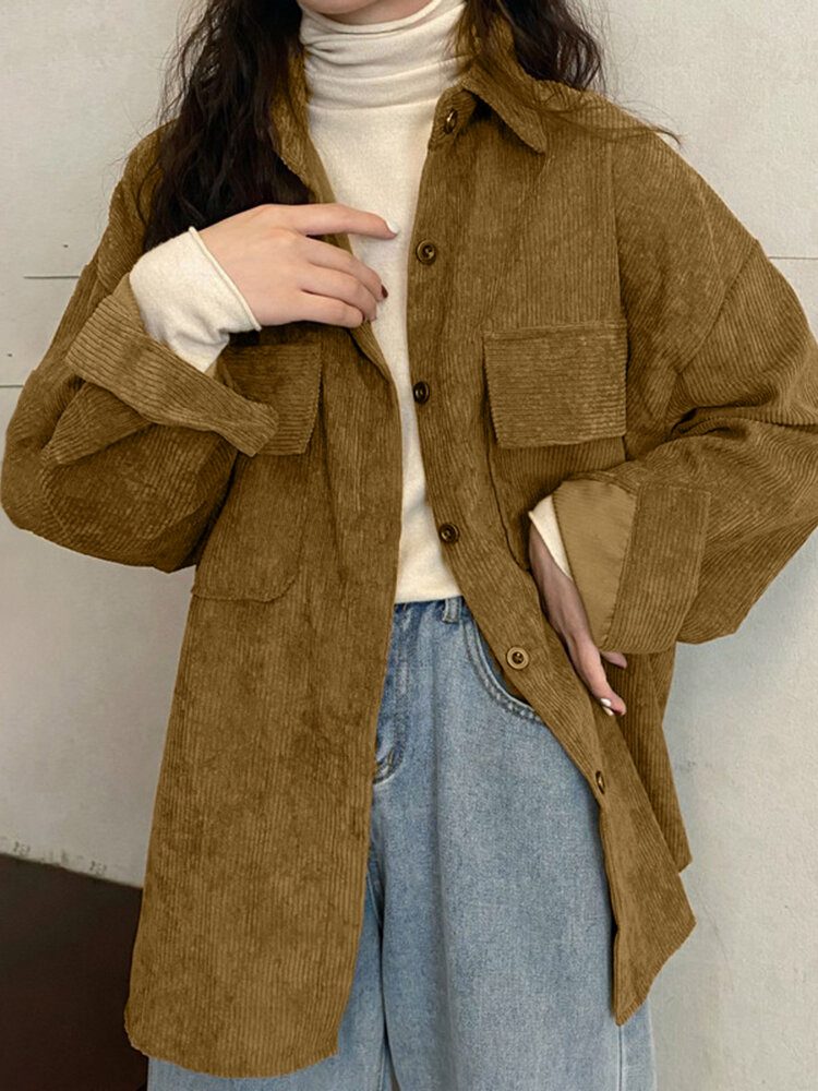 Kvinner Corduroy Vintage Solid Loose Fit Lapel Business Skjorte