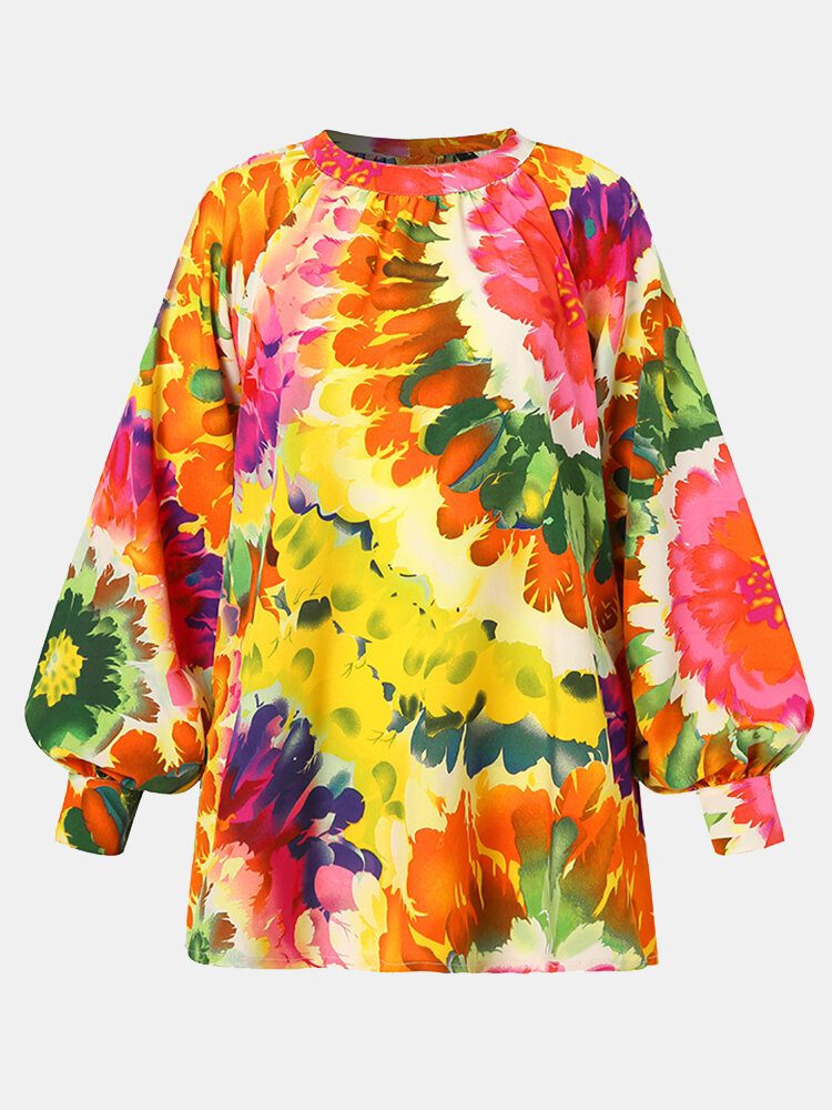 Kvinner Fargerike Blomster Utskrift Puff Sleeve Back Button Casual Bluse