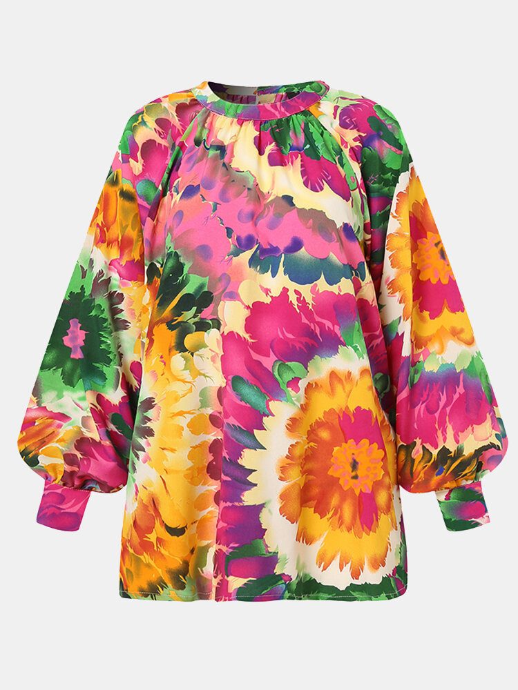 Kvinner Fargerike Blomster Utskrift Puff Sleeve Back Button Casual Bluse