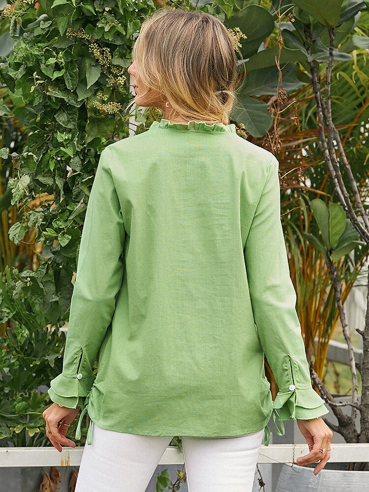 Kvinner Grønn Ruffle Trim Langermet Snøring Button Casual Bluse