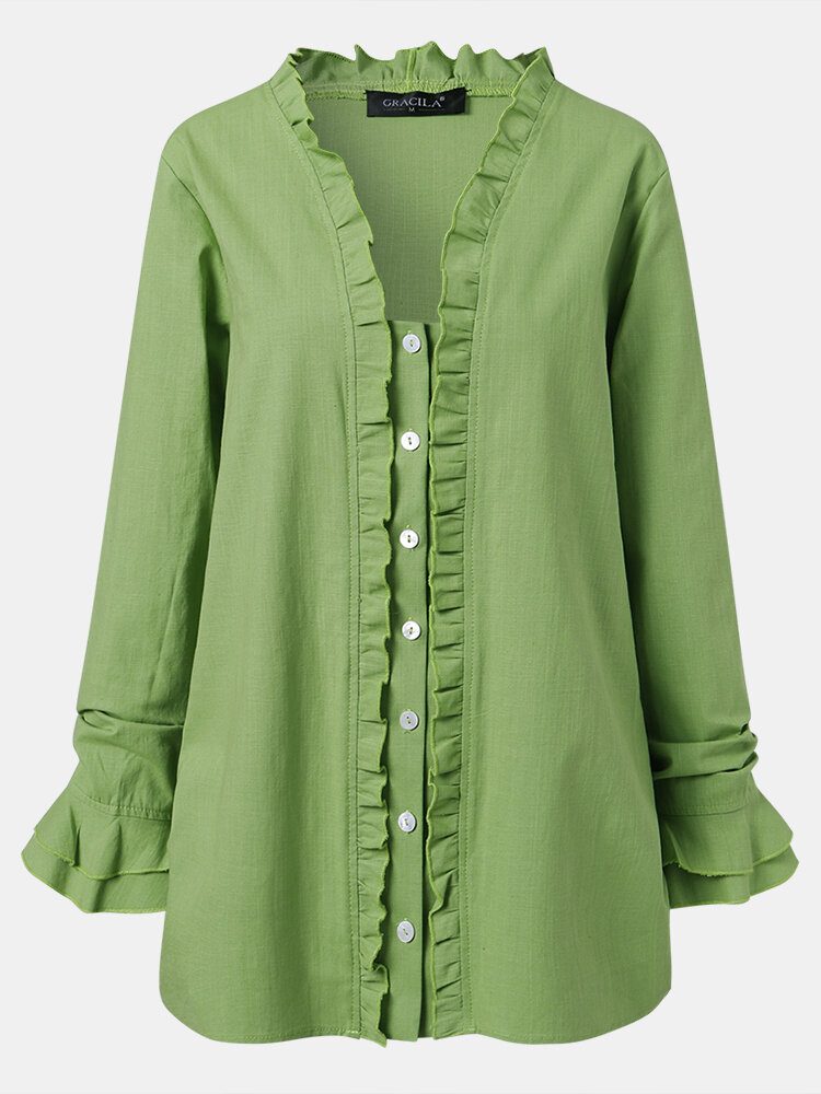 Kvinner Grønn Ruffle Trim Langermet Snøring Button Casual Bluse