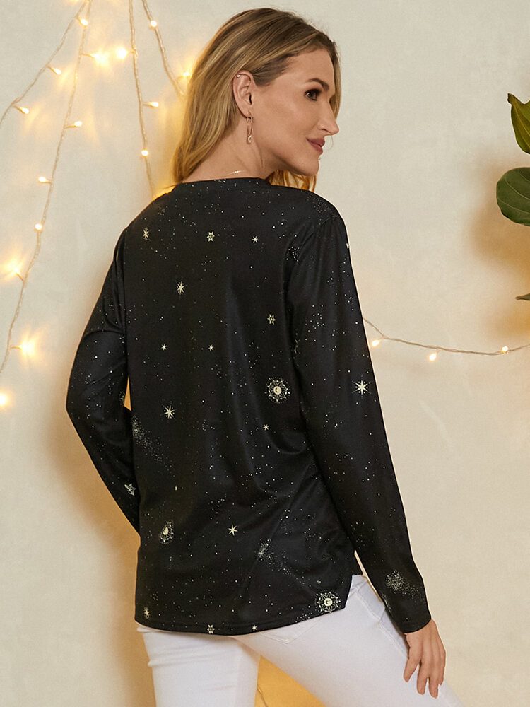 Kvinner Leo Galaxy Print Rundhals Langermet Casual Bluser