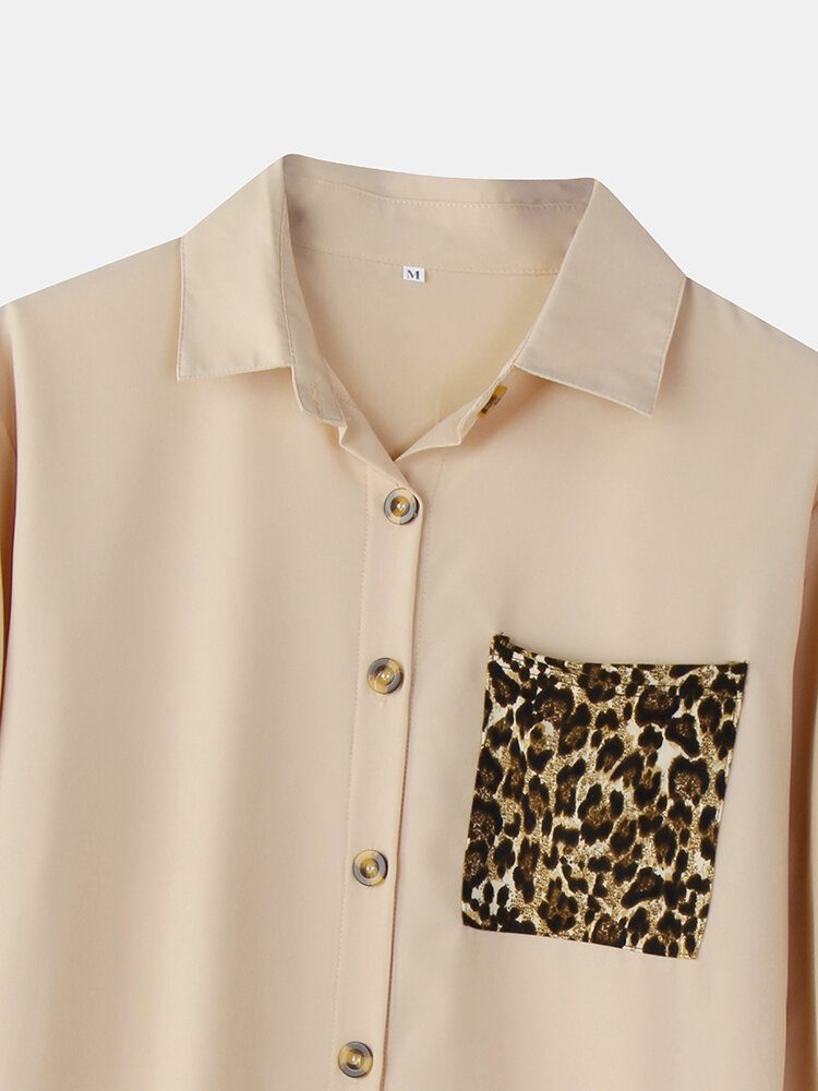 Kvinner Leopard Patchwork Pocket Laprl Langermet Fritidsskjorte