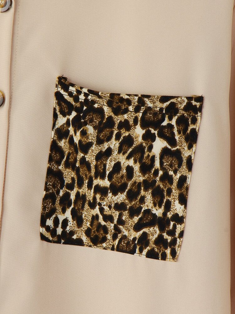 Kvinner Leopard Patchwork Pocket Laprl Langermet Fritidsskjorte