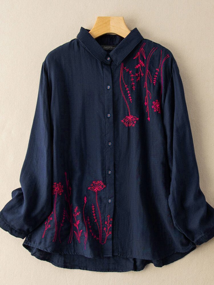 Kvinner Puff Sleeve Flowers Printed Brodery Button Stand Collar Shirt