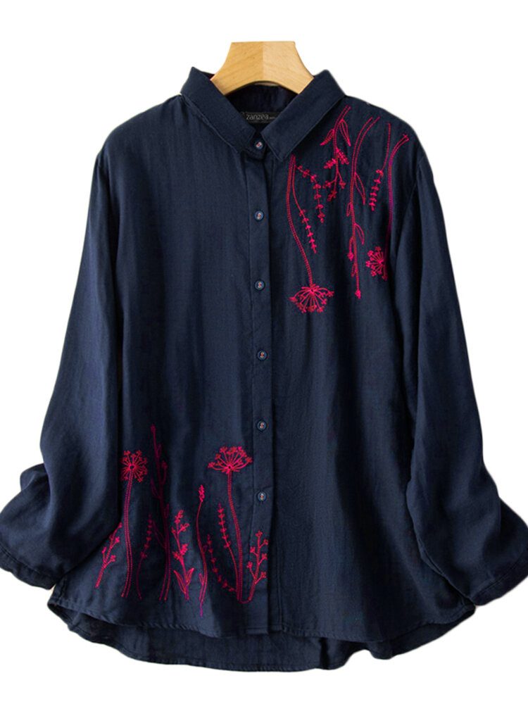 Kvinner Puff Sleeve Flowers Printed Brodery Button Stand Collar Shirt