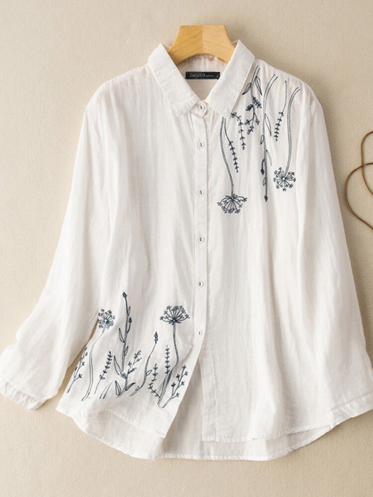 Kvinner Puff Sleeve Flowers Printed Brodery Button Stand Collar Shirt