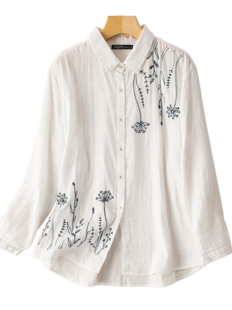 Kvinner Puff Sleeve Flowers Printed Brodery Button Stand Collar Shirt