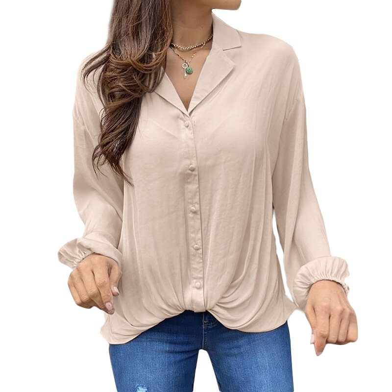 Kvinner Puffermer Lapel Løs Hem Plissert Skjøtet Solid Casual Bluse