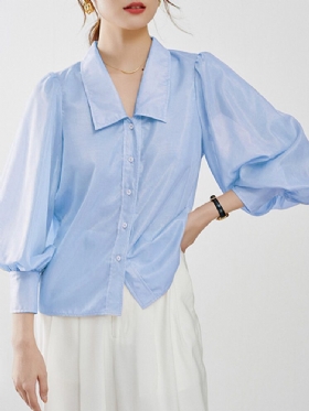 Kvinner Pure Color Button Up Lapel Puff Sleeve Casual Skjorter