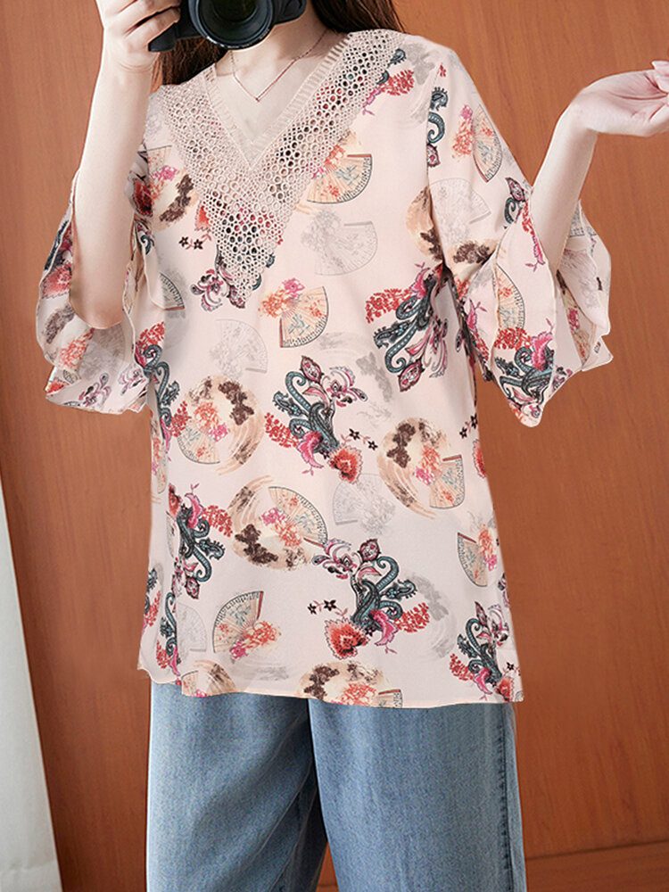 Kvinner Spleisede Planter Og Blomster Halvermet Blonde Casual Loose Fit Bluse