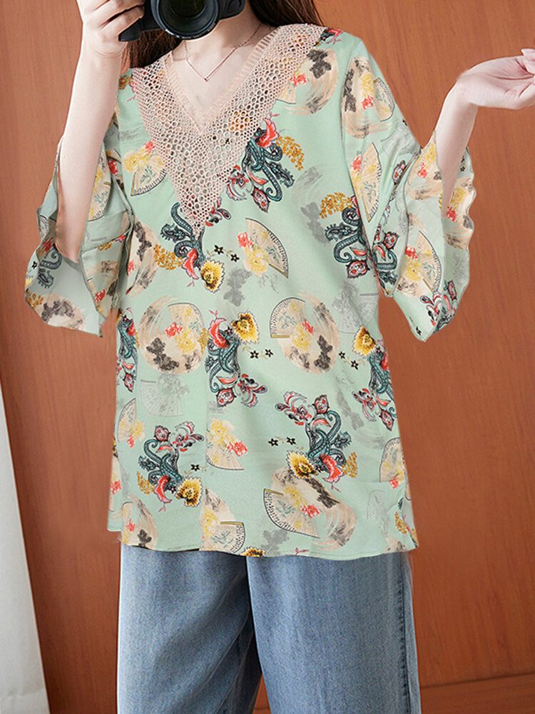 Kvinner Spleisede Planter Og Blomster Halvermet Blonde Casual Loose Fit Bluse