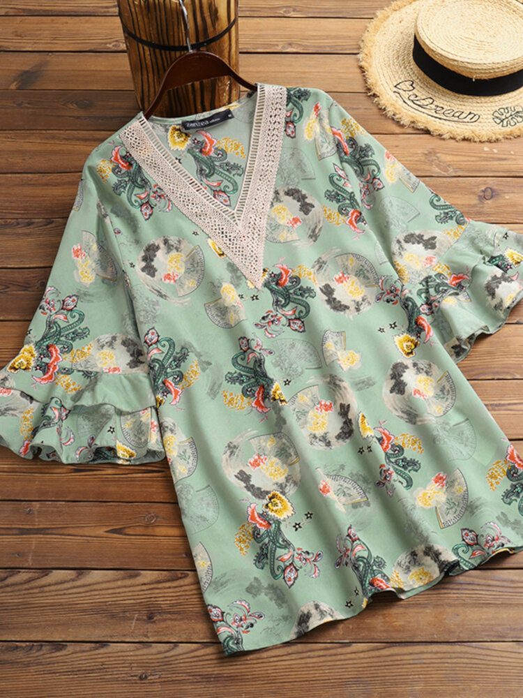 Kvinner Spleisede Planter Og Blomster Halvermet Blonde Casual Loose Fit Bluse