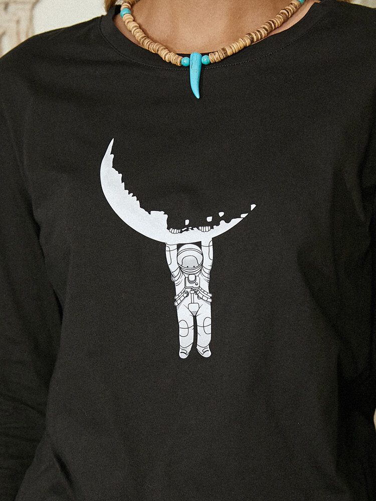 Kvinner Tegneserie Astronaut Print Langermet Bluse Med Rund Hals