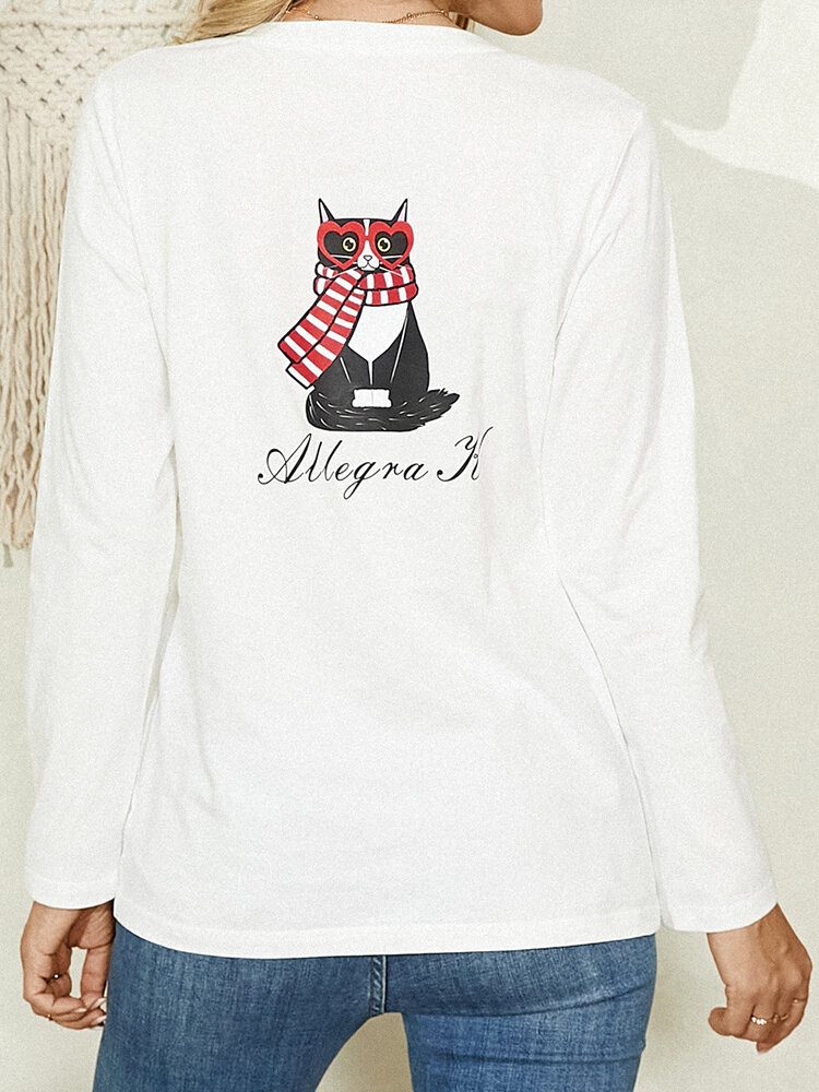 Kvinner Tegneserie Cat Letter Print Rundhals Casual Langermet Bluser