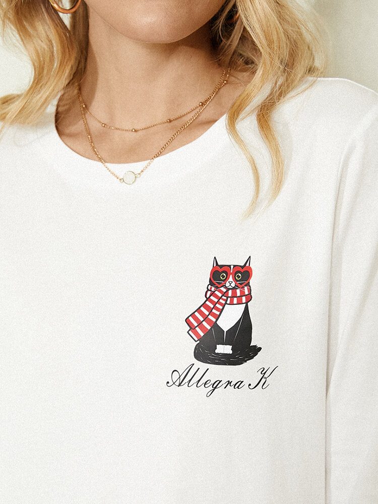 Kvinner Tegneserie Cat Letter Print Rundhals Casual Langermet Bluser