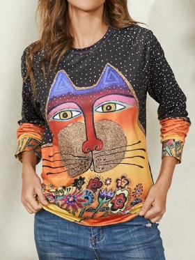 Kvinner Tegneserie Katt Spot Print Rundhals Casual Raglan Sleeve Bluser