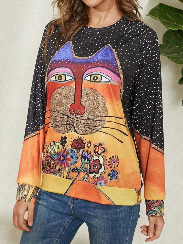 Kvinner Tegneserie Katt Spot Print Rundhals Casual Raglan Sleeve Bluser