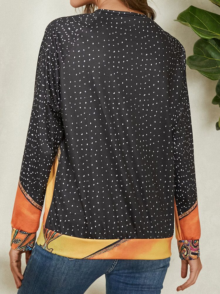 Kvinner Tegneserie Katt Spot Print Rundhals Casual Raglan Sleeve Bluser