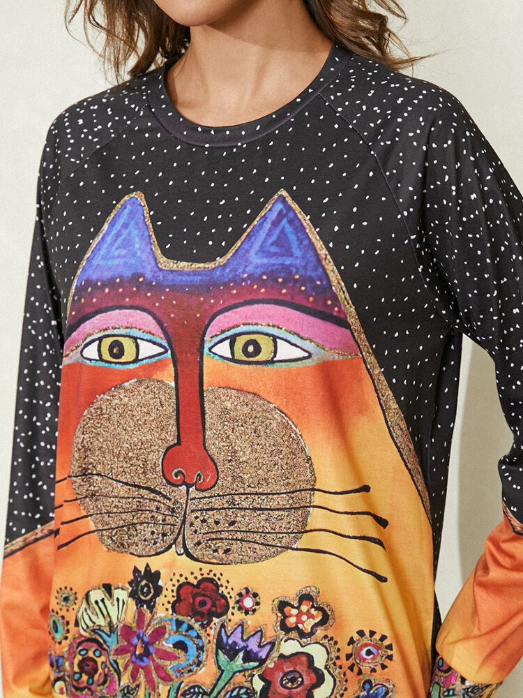 Kvinner Tegneserie Katt Spot Print Rundhals Casual Raglan Sleeve Bluser