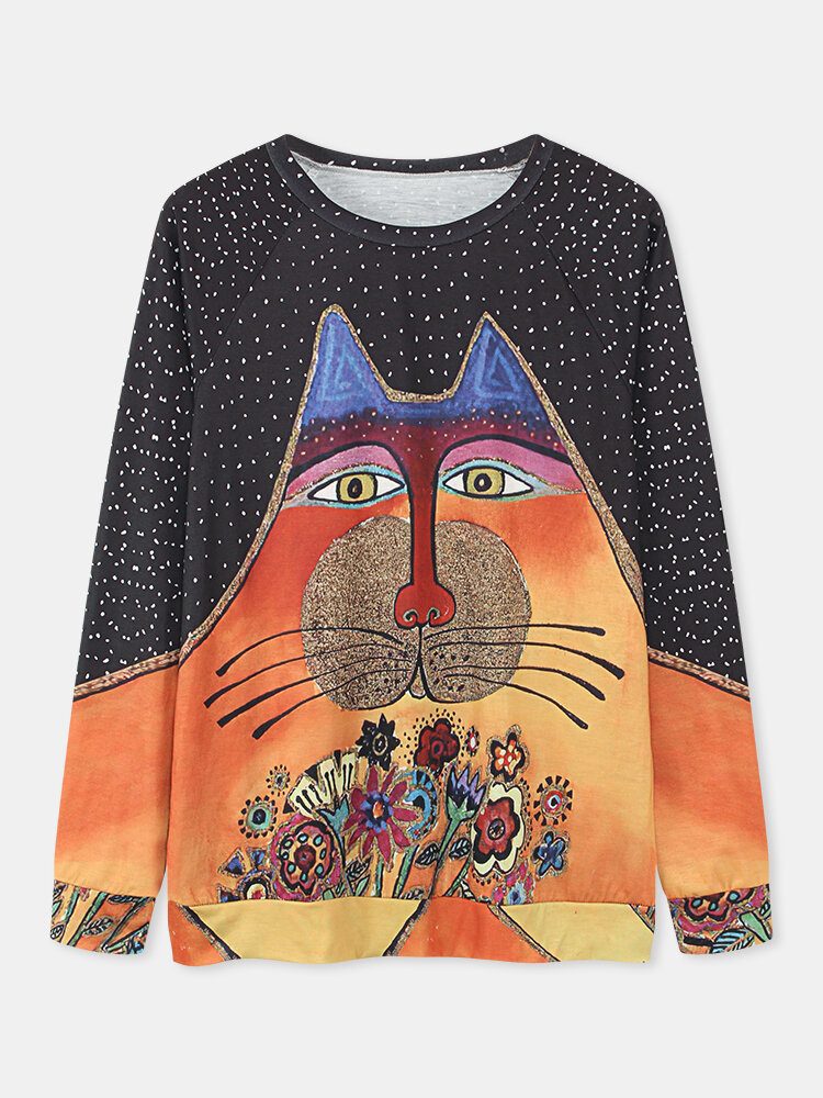 Kvinner Tegneserie Katt Spot Print Rundhals Casual Raglan Sleeve Bluser