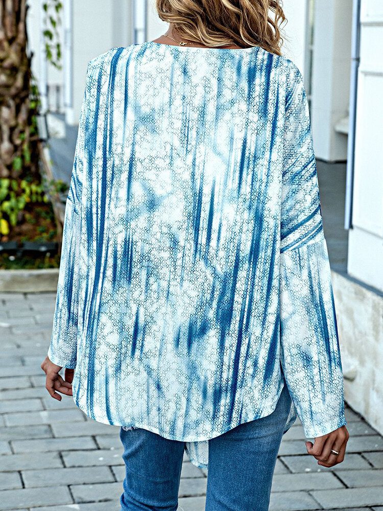 Kvinner Tie Dye Print Knotted Langermet Casual Bluse