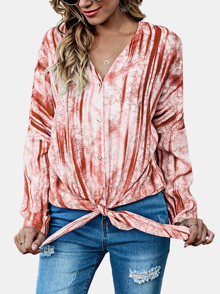 Kvinner Tie Dye Print Knotted Langermet Casual Bluse