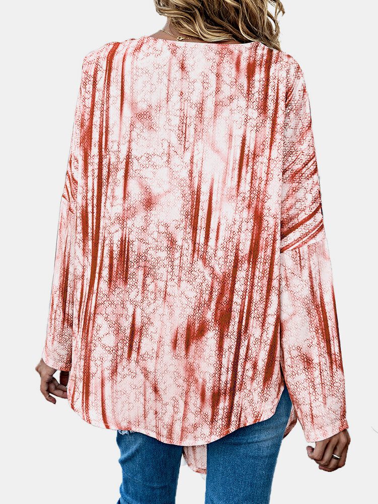 Kvinner Tie Dye Print Knotted Langermet Casual Bluse