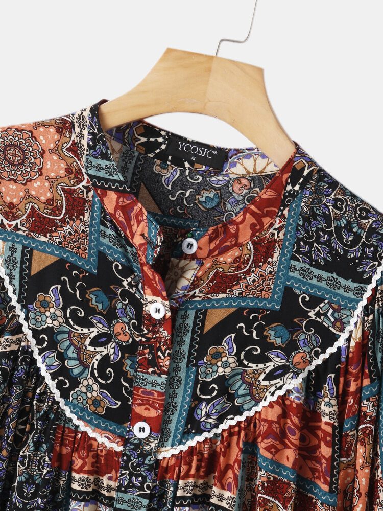 Kvinner Vintage Blandet Trykk Etnisk Stil Button Up Patchwork Kortermet Bluse