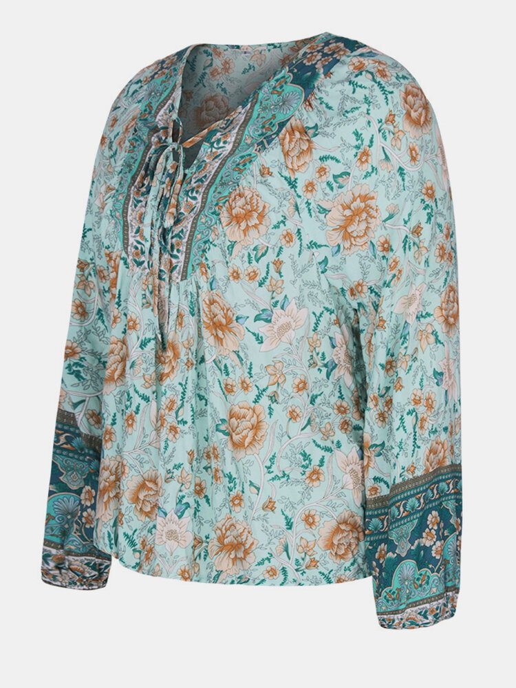 Kvinner Vintage Blomsterprint V-hals Holiday Langermet Bluse