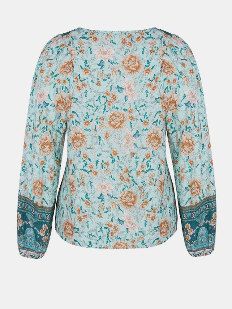 Kvinner Vintage Blomsterprint V-hals Holiday Langermet Bluse