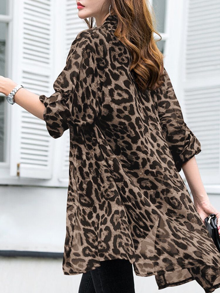 Langermet Tynn Lett Chiffon Leopard Fritid Cardigan For Dame