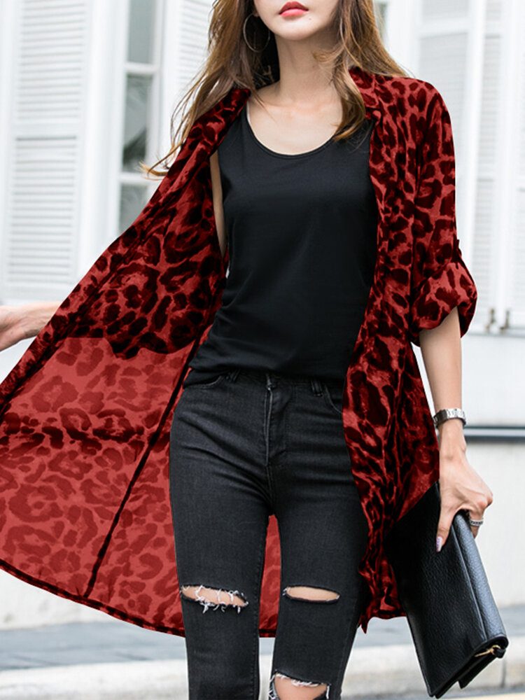 Langermet Tynn Lett Chiffon Leopard Fritid Cardigan For Dame