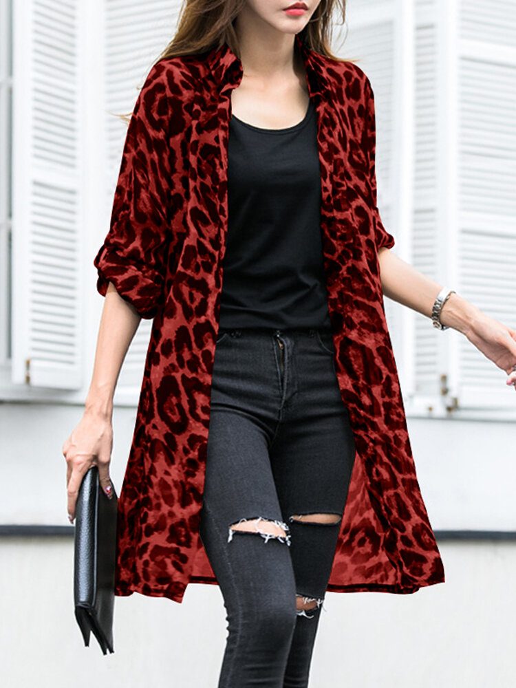 Langermet Tynn Lett Chiffon Leopard Fritid Cardigan For Dame