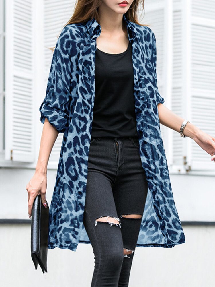 Langermet Tynn Lett Chiffon Leopard Fritid Cardigan For Dame