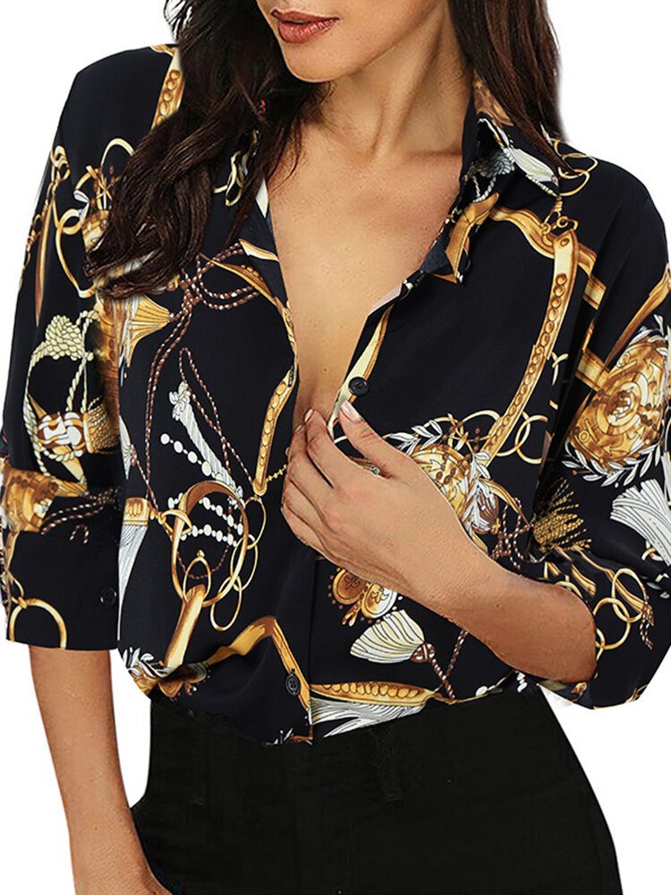 Lapel Chain Printed Spleised Full Sleeves Casual Shirt For Women