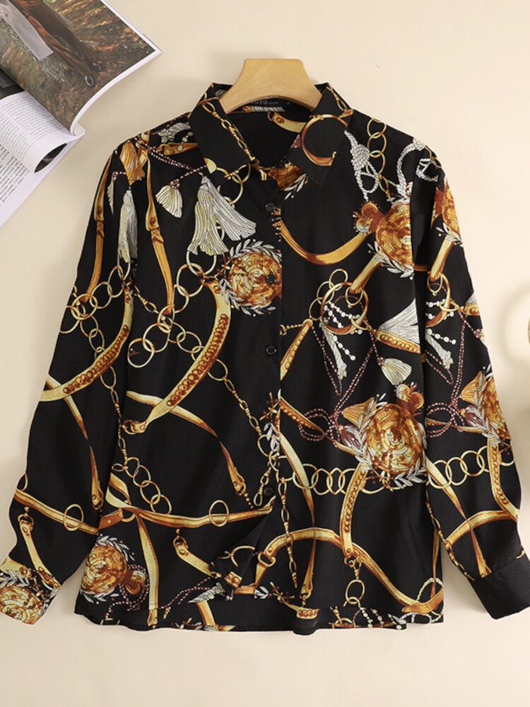 Lapel Chain Printed Spleised Full Sleeves Casual Shirt For Women