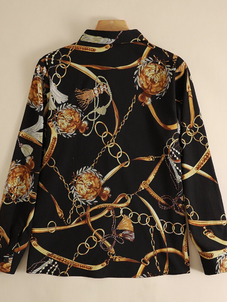 Lapel Chain Printed Spleised Full Sleeves Casual Shirt For Women