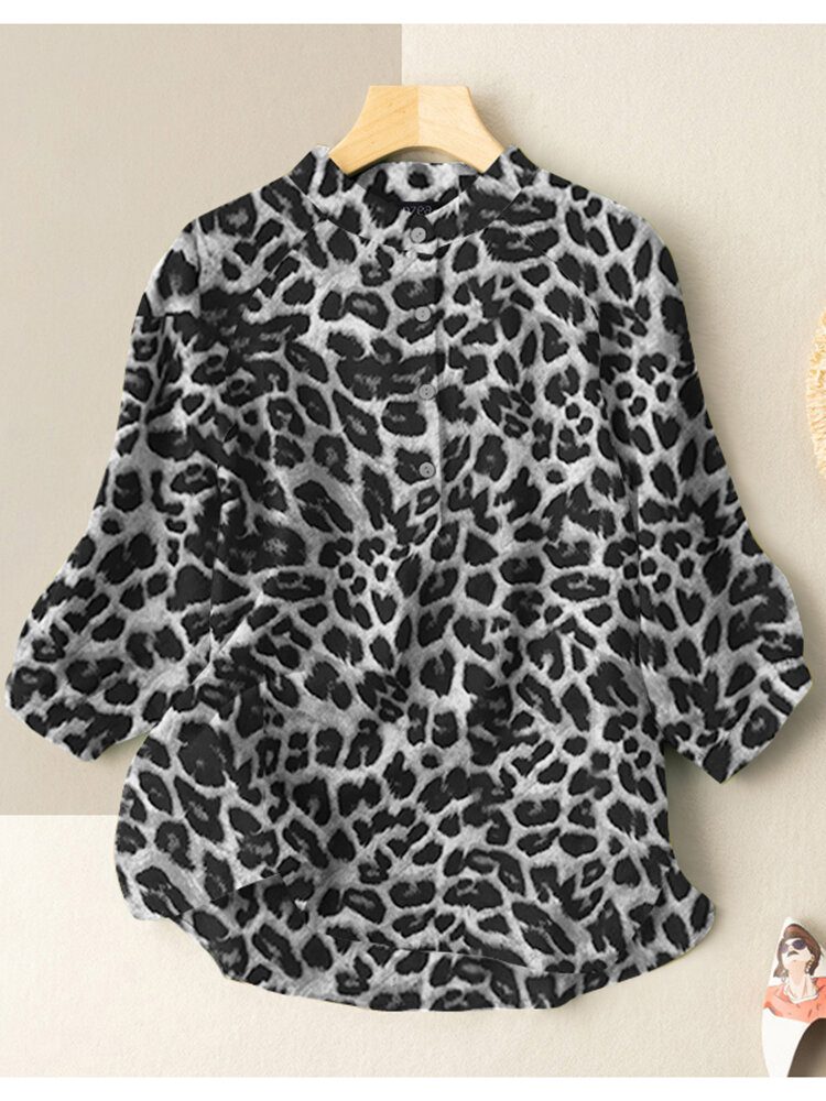 Leopard Print Stativ Krageknapp 3/4-ermet Damebluse