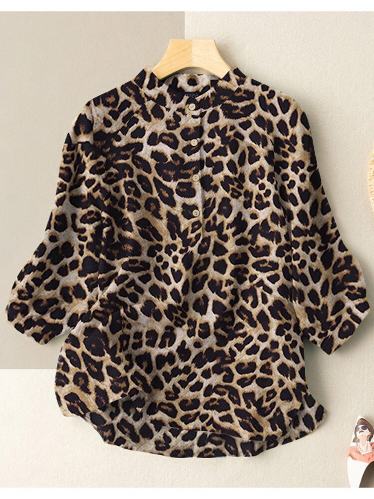 Leopard Print Stativ Krageknapp 3/4-ermet Damebluse