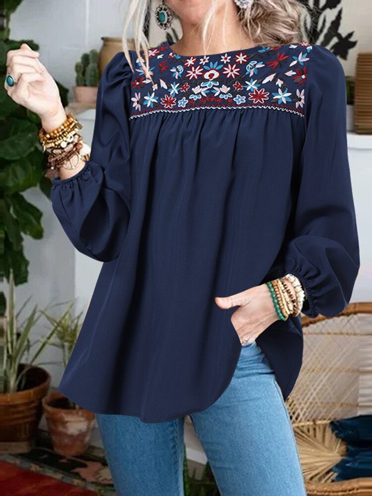 O-hals Floral Bohemian Leisure Full Sleeve Bluser For Dame